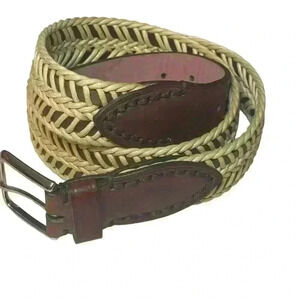 Tumi 35"-39”Belt Woven Cotton Cord Leather Brown Cream Silver Buckle Size 38